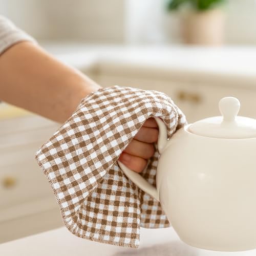 DecorRack Cotton Buffalo Check Dish Cloths, 12 x 12 in, Coffee