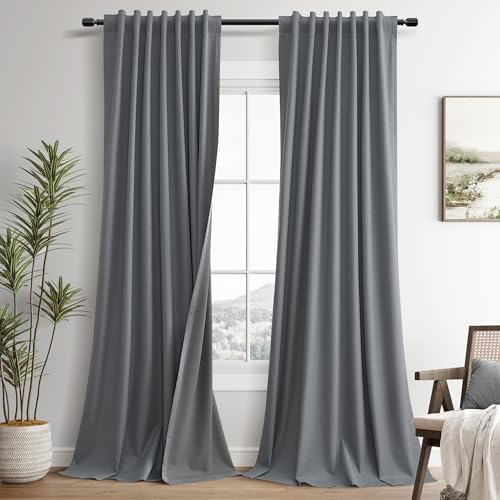 Guken Grey Linen 100% Blackout Curtains for Bedroom 84 Inches Long