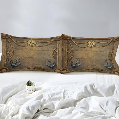 Fitted Sheet 3 Pieces Twin XL Size Retro Boat Hook Wood GrainBrown