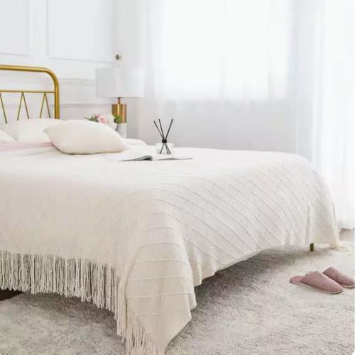 Knitted Beige Throw Blanket,Boho Cozy Sofa Blanket with Tassel