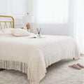 Knitted Beige Throw Blanket,Boho Cozy Sofa Blanket with Tassel