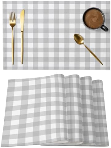 Light Gray Checks Placemats Set of 8, Gingham Plaid Abstract Modern