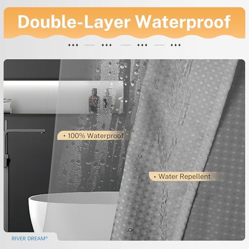River Dream Grey Shower Curtain with Liner Set, Waffle Fabric Shower