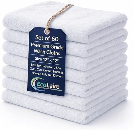 EcoLaire Washcloths Set of 60 (12x12 inches) White Premium Cotton