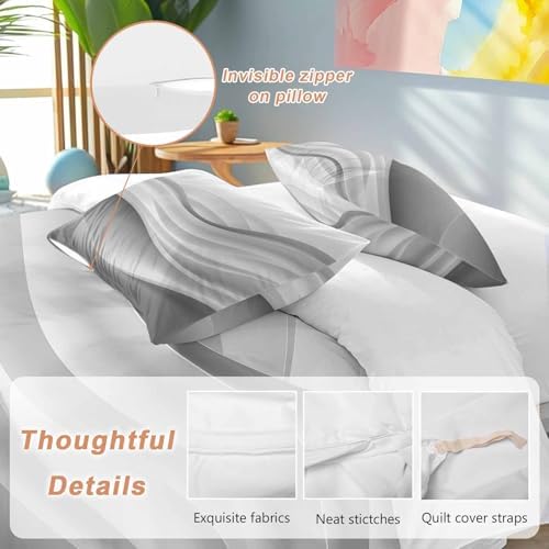 Gray Striped Bed Duvet Cover Queen Size Bedding Set, 3 Pieces Washed