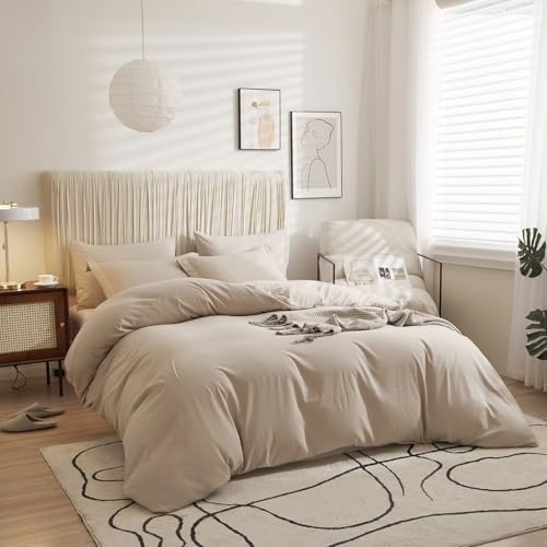 AZMTOP Soft Breathable Beige Duvet Cover Set 3 Pieces Queen Size