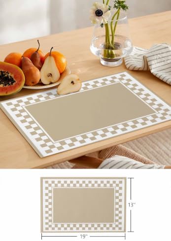 Beige White Checker Frame Design Table Runner and Placemats Set of 6