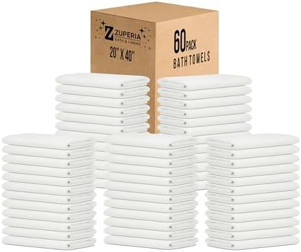 ZUPERIA White Bath Towels Bulk 60 Pack (20 x 40 Inches) - 100% Cotton