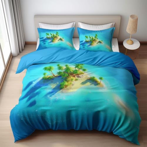 King Duvet Cover Set Soft Microfiber Tropical Islands Blue