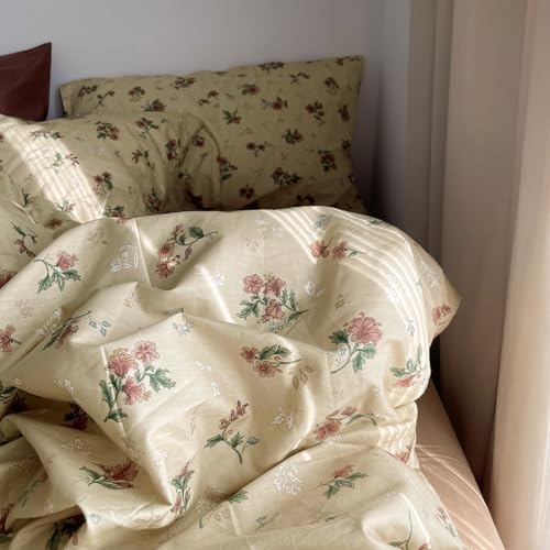 MKXI Yellowish Beige & Red Floral Duvet Cover Set Queen Size - 3 Piece