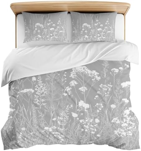 3 Pieces Bedding Set Queen Size, Grey Spring Floral Soft Duvet Covers
