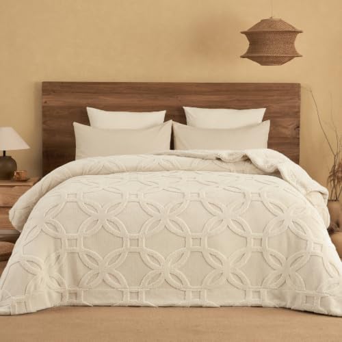 PHF Soft Sherpa Fleece Blanket King, Tufted Jacquard, 01-Oat Milk