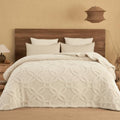 PHF Soft Sherpa Fleece Blanket King, Tufted Jacquard, 01-Oat Milk