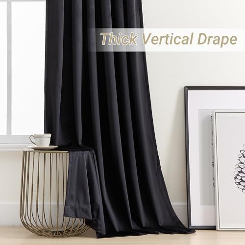 Pinch Pleated Black Blackout Velvet Curtains 84 inch Length 2 Panel