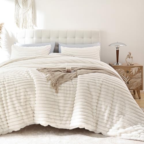 Smoofy Fluffy King Size Comforter 3 PCS - Cream White Fleece Bedding