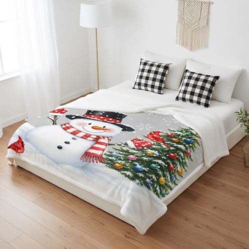 Winter Snowman Sherpa Fleece Blanket Neutral Christmas Tree Red