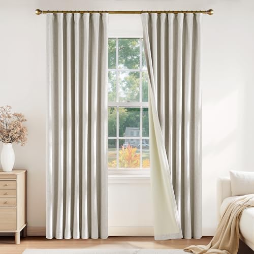 PONY DANCE Cream Linen Blackout Curtains 84 Inch Long for Bedroom