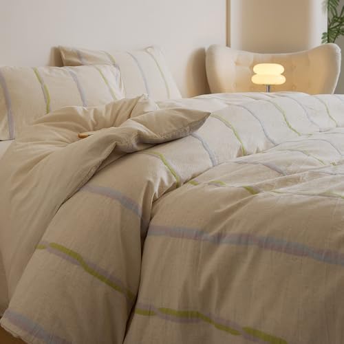 Striped Twin Size Duvet Cover Cotton Linen Cream Comforter Cover Twin