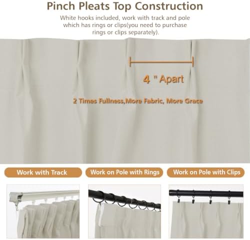 Beige Pinch Pleats 100% Blackout Window Curtains 108 Inches Long 2
