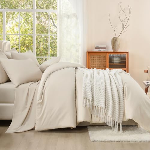 Litanika King Comforter Set with Sheets Beige - 7 Pieces Solid Bed in
