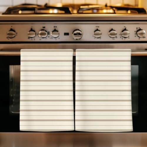 Beige Brown Striped Kitchen Towels Set of 3, Absorbent Dish Towels for