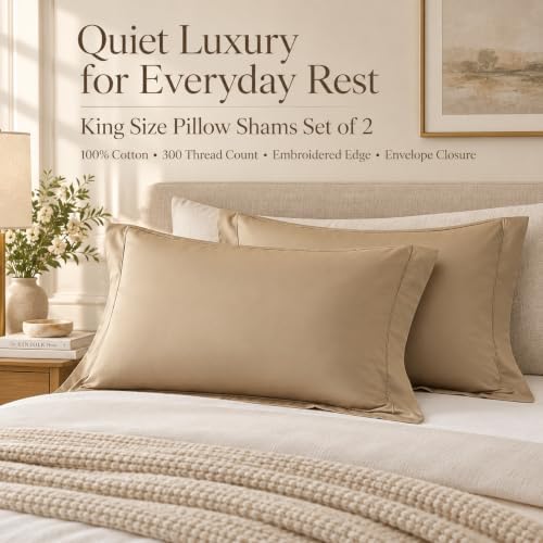 King Size Pillow Shams Set of 2, 100% Cotton Embroidered Pillowcase
