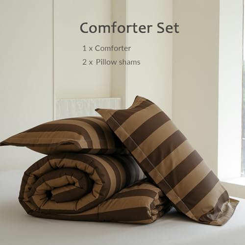 Comforter Set Queen Size - 100% Natural Cotton Brown and Beige Striped