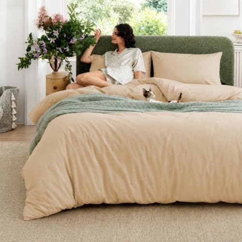 Beige Queen Duvet Cover Set, Zipper Closure, 2 Pillowcases