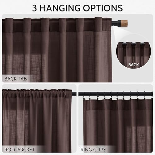 Linen Curtains Semi Sheer Coffee Brown 96 Inches Long 2 Panels Set for