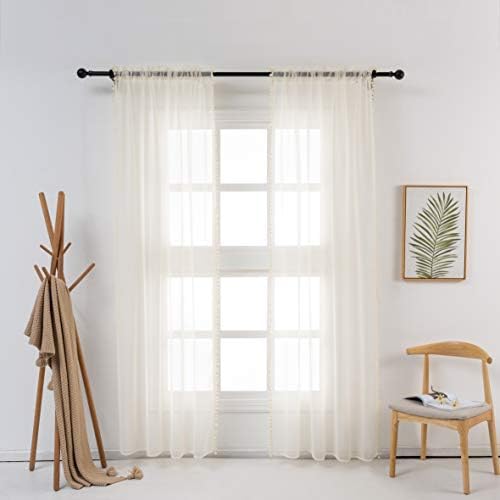 MISS SELECTEX Linen Look Pom Pom Tasseled Sheer Curtains - Rod Pocket