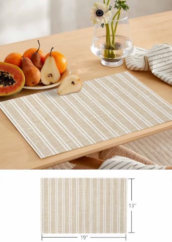 Ticking Stripes Table Runner and Placemats Set of 6 Warm Beige Cotton