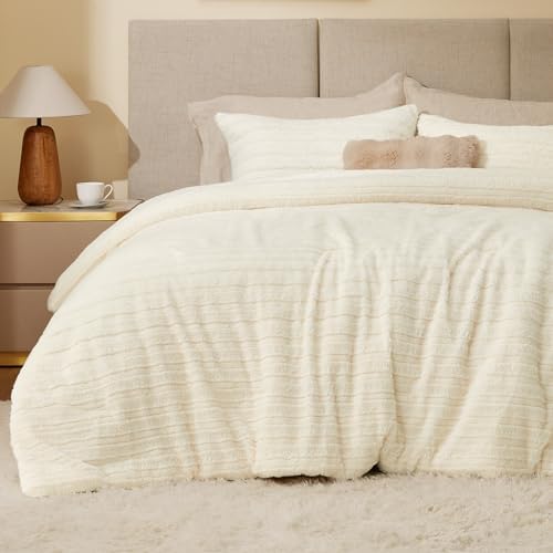 BEDELITE Faux Fur King Size Comforter Set, Fluffy Bed Set, Cream White