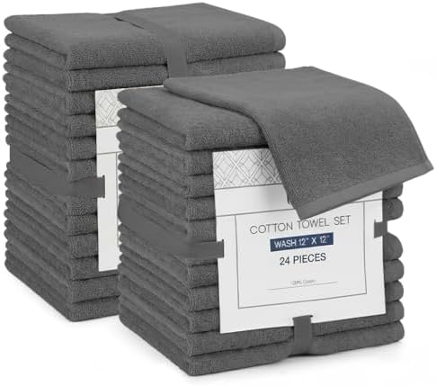 Linteum Zero Twist Washcloths 12x12, 100% Cotton – Grey, 24-Pack