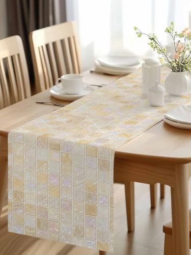 Beige Ivory Blocks Table Runner 72 inches Long Modern Abstract Art