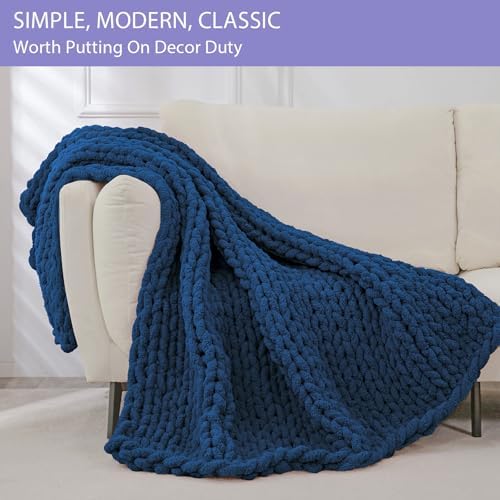 Bigacogo Chunky Knit Throw Blanket for Couch, 60x80 inches, Navy Blue
