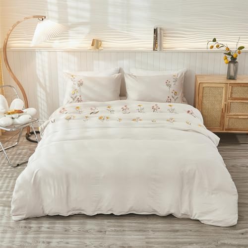 INFLAG Flower Duvet Cover Set, 3 Piece Cover Set Embroidered Floral