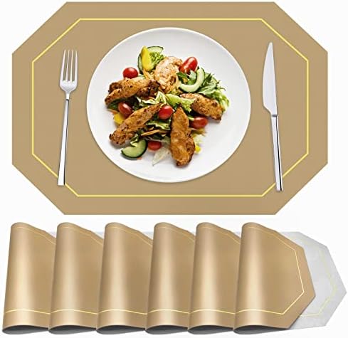 Placemats Set of 6, Beige and Grey Leather Placemats for Dining Table