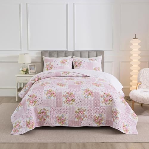 Soul & Lane - Pink Floral Patchwork Cotton Quilt Set, King with 2