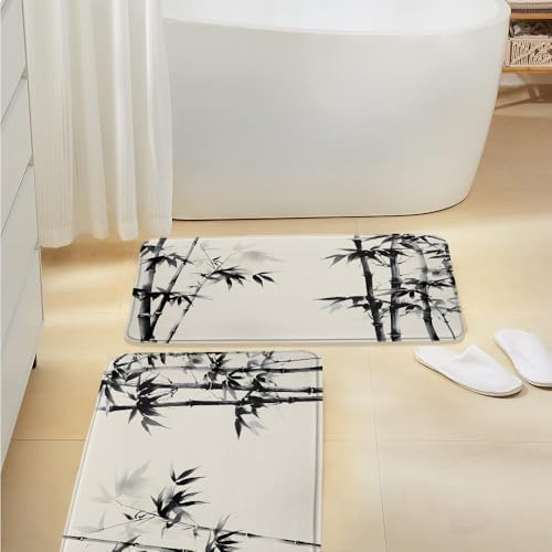 3 Pcs Asian Vintage Bath Mat Black Grey Plant Leaves Ink Painting