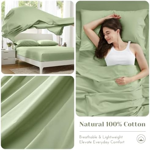 Comfort Spaces 100% Cotton Percale Sheets Queen Sheet Set 4 Pcs, Sage