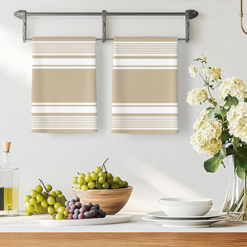 Farmhouse Beige Striped Kitchen Towels Set of 3, Absorbent Dish Towels