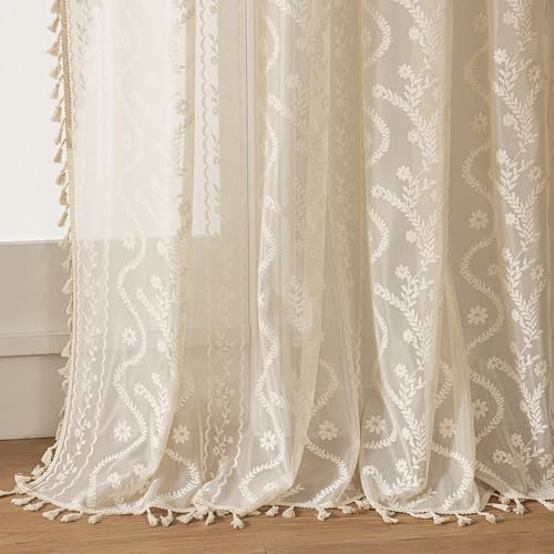 WAZZIO Boho Lace Curtains 2 Panels 108 Inches -Cute Vintage Victorian