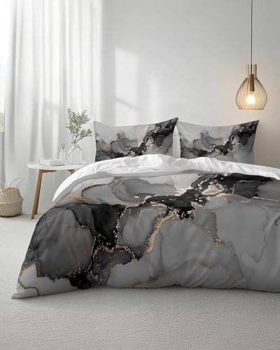 Duvet Cover Set Queen, Marble Texture Watercolor Gray 3 Piece Bedding
