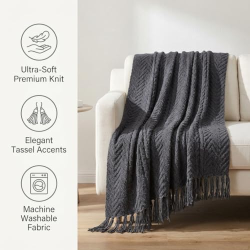 Knit Throw Blanket for Couch, 50 x 60 Inch Charcoal Grey Textured