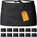 White Classic 12 Pack - Black Server Waist Aprons with 3 Pockets