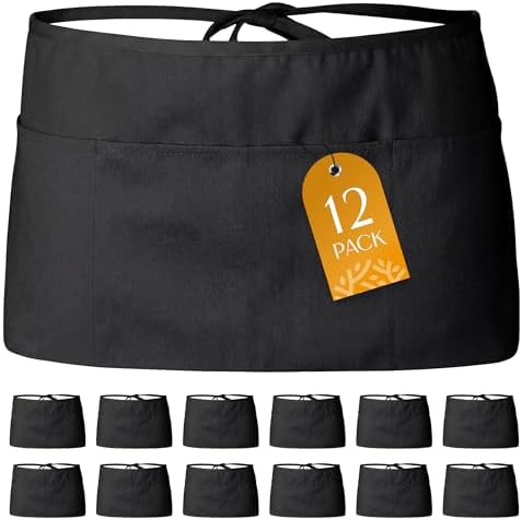 White Classic 12 Pack - Black Server Waist Aprons with 3 Pockets