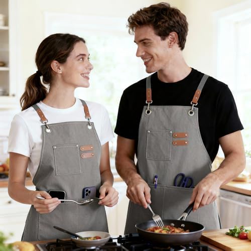 Cotton Canvas Apron with Pockets, Cross Back Waterproof Chef Apron for