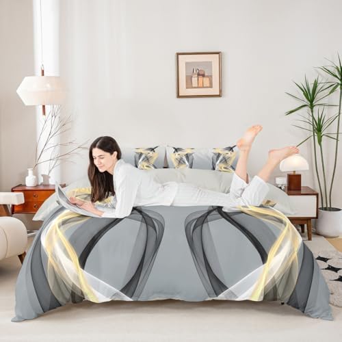 jejeloiu Grey Duvet Cover Queen Size Abstract Bedding Set for Boys