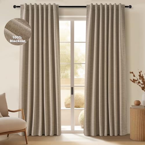 Topfinel Linen Blackout Curtains 96 Inch Long, Light Blocking Rustic
