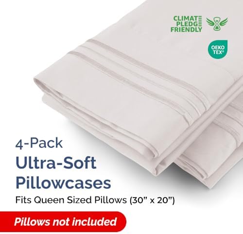 Queen Pillow Cases Set of 4 - Ultra Soft Pillowcase Covers - Light